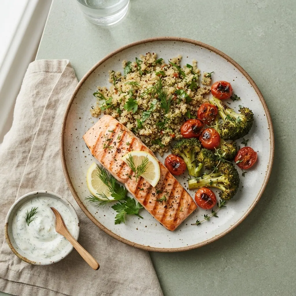 Plate with grilled salmon, quinoa, roasted broccoli and cherry tomatoes