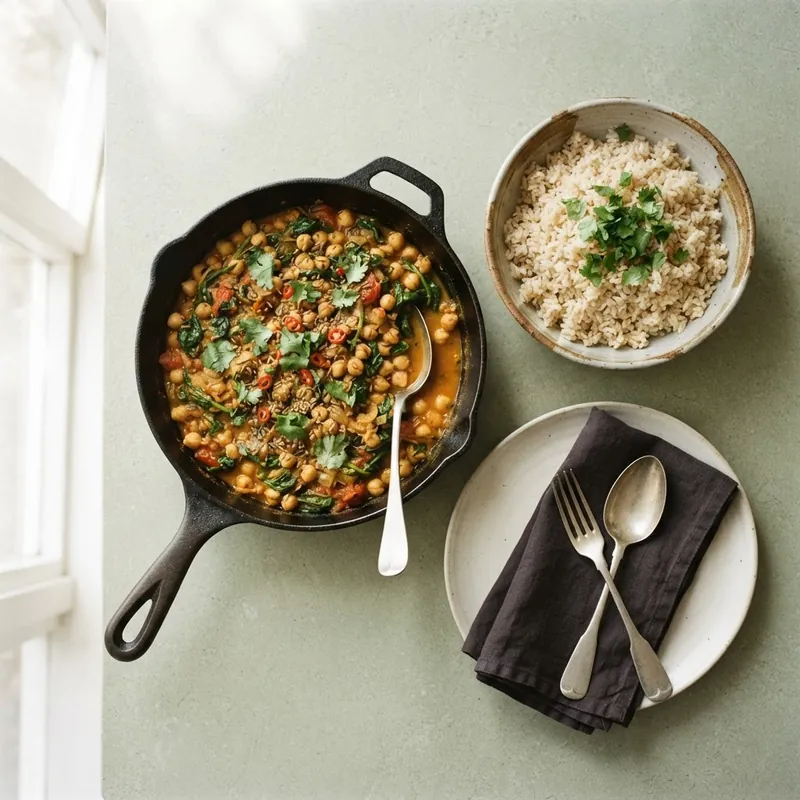 Chickpea and spinach curry with brown rice